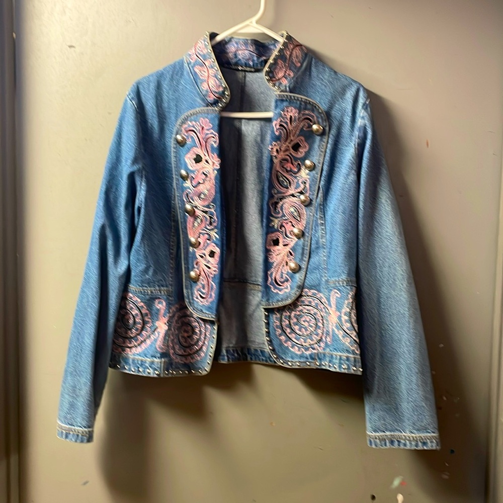 Blue Jean crop military western Jacket, Embroidered studded, XL Gordon James